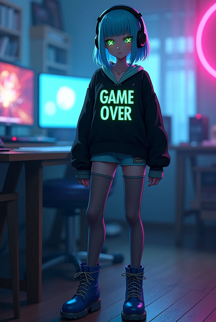 futanari ghost girl, white skin, hyper breasts, hyper ass, thick thighs,Bob haircut with bangs,hair Electric blue color , neon green eyes with pupils in the shape of game crosses,Black sweater with V cut,Sweater with a gamer message that says Game Over,using some Leggings with gray mesh details and neon details,Blue leather boots with high heels, wearing gamer headphones,Background in a gamer room,While standing, a large bulge between his crotch,Cross-shaped pupils of a console controller,1 girl,Wearing leggings with gray mesh details and neon details 