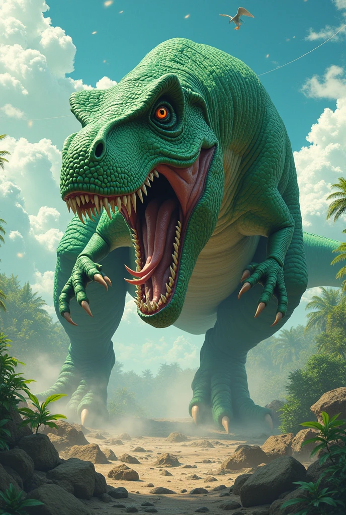 A green t-rex launches green scratch attack ((anime version)) ((realisitic))