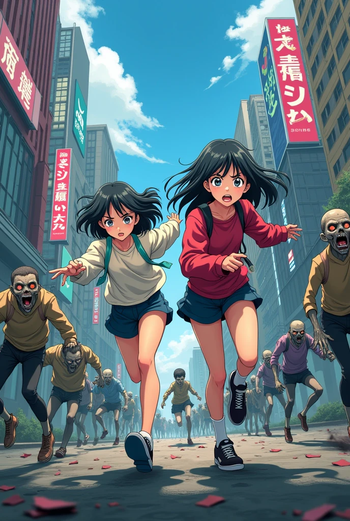 Two anime girls running from zombies in a zombie apocalypse in the city of Japan 2D Animation 