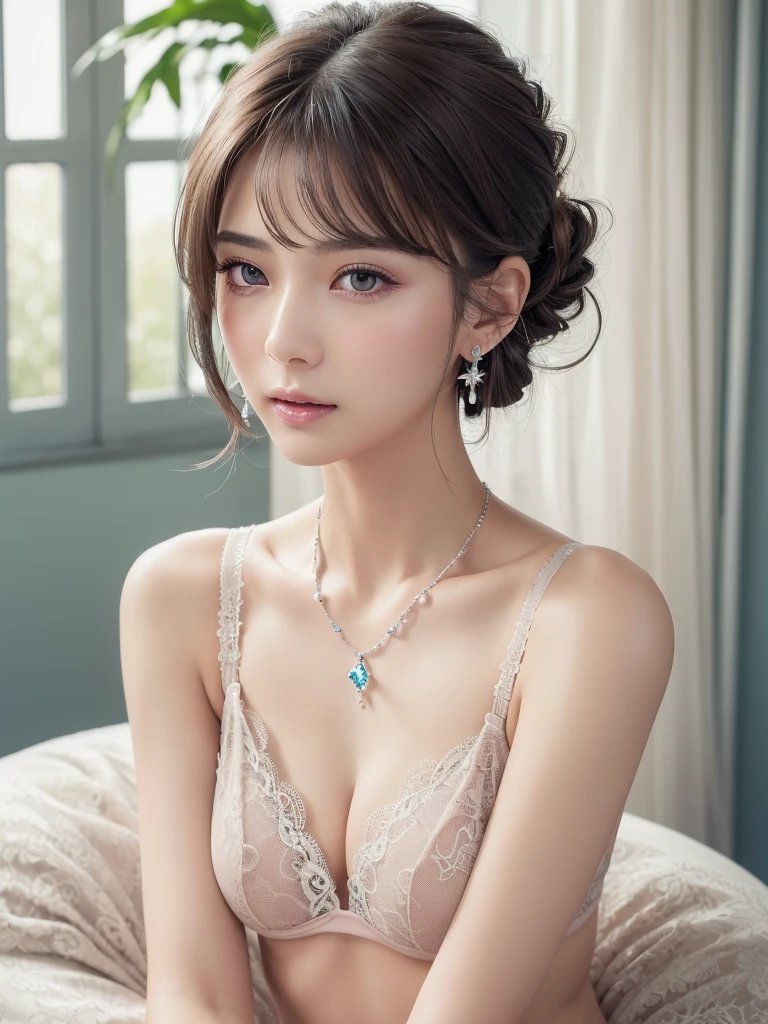 Pink lace thong bra,(See-through)、Small breasts, (((とてもエレガントでbeautiful, Perfect detail, Very detailed))), whole body, The most detailed girl, Written boundary depth, 美しくdetailedなwhole body, Thin legs, 1 girl, 30 years old, Very short hair, Spiked Hair, Gray and silver hair, beautiful detailed hair, Perfect Face, Expressionless, beautiful, detailed, Deep Eyes, Open your mouth a little, Delicate arms and hands, Pale skin, Earrings, beautiful and gorgeous necklace, Colorful background, HD background, Blurred Background, とても繊細でbeautiful, masterpiece, (((Highest quality, とてもbeautiful8K CG壁紙))), (((Trendy hairstyles))), (Inside the room,Stylish interior,window),(((Place your right hand on your mouth 1.5)))