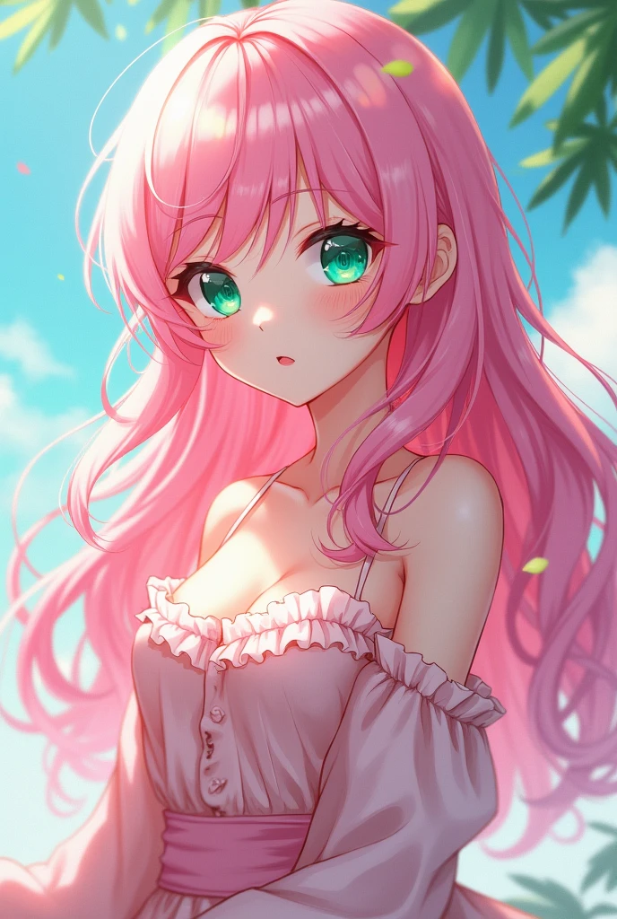 female anime character Jojo's, White skin, long wavy pastel pink hair, pink clothes, bright green eyes