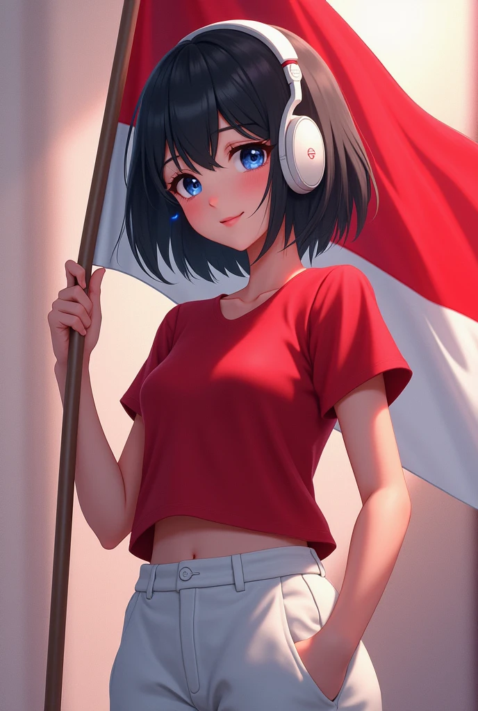 best quality, tmasterpiece, Ultra-high resolution, Clear face, (Reality: 1.4), perfect lighting,(photorealistic: 1.50), anime wallpaper, Guviz style artwork , fantasy cover up to magic , by Yang J, Guviz, beautiful artwork illustration, beautiful digital artwork, beautiful digital illustration, Li Song, beautiful anime portrait, art style at Beauvot,illustration, ethereal and beautiful, highly detailed, CG, unity, 8k wallpaper, Amazing, fine detail, masterpiece, best quality, official art, highly detailed CG unity 8k wallpaper,absurd, extremely absurd, large file size, highly detailed , high resolution, very detailed,beautiful girl with details, very detailed eyes and face, beautiful detailed eyes,light on the face,cinematic lighting, (1boy:1.3), (black hair:1.3), short hair, Bangs, Headphone, blue eyes, (Red T-shirt), (White pants), standing, full body, (looking at viwer:1.3), smile, Holding the Indonesian flag, Red and white flag, Right hand holding the flag,