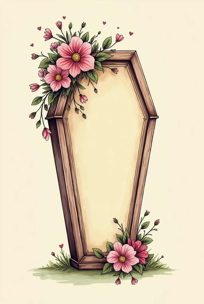 A drawing of a coffin with flowers and little hearts on top on a plain Tim Burton style background to one side of the image