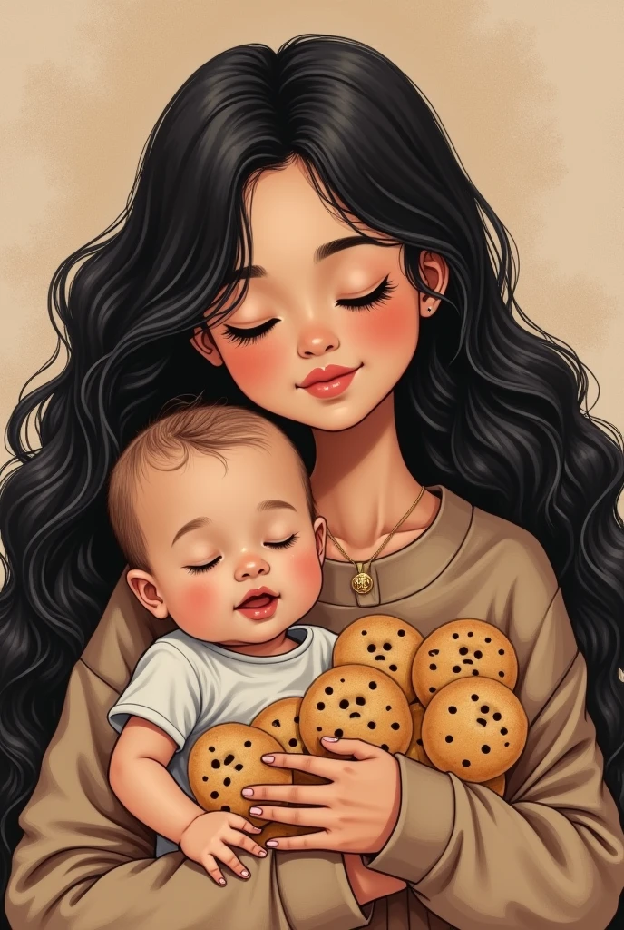 Croar image of a young mother with long black hair holding a  and cookies around it with the words sweet mother written in Portuguese 