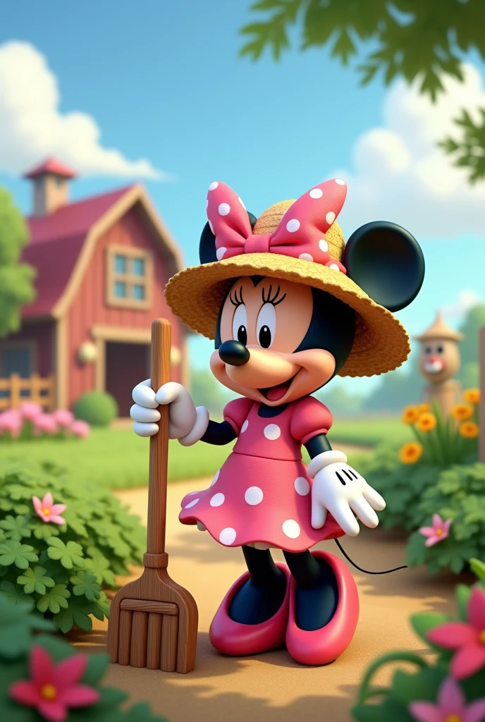  Minie mouse farm with pink dress and white freckles and straw hat and rake in hand
