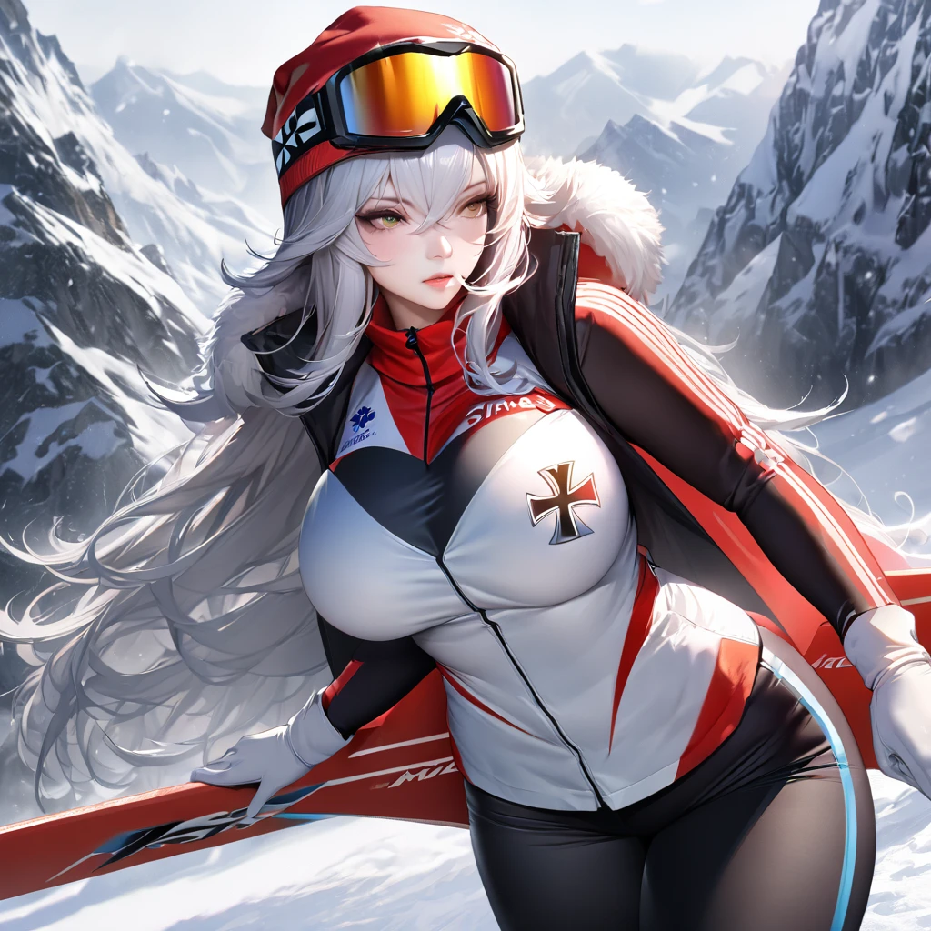 A woman wearing a Biathlon uniform, cold weather sports uniform, black cold weather jacket with yellow details, black cold weather pants, iron cross coat of arms on the uniform, wearing a red cold weather cap, wearing red snowboard goggles, large breasts, postured standing, on snowy slope, snowy place, winter weather, background with ice mountains, Azur_lane, KMS_Graf_Zepplein..UHD, masterpiece, accurate, anatomically correct, textured skin, super detail, high quality, best quality, 8k, high resolution, bokeh effect.(solo woman),white gloves, realistic, close view.
