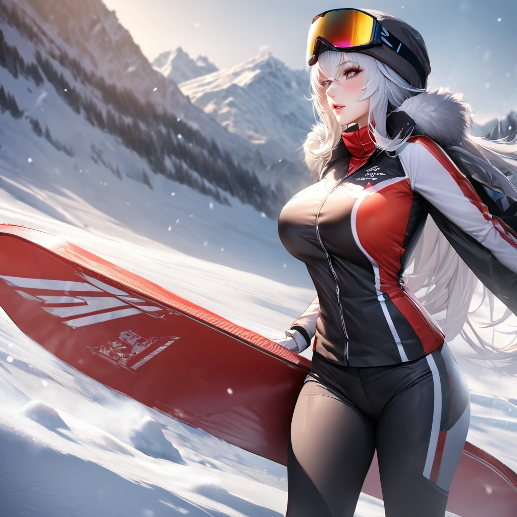 A woman wearing a Biathlon uniform, cold weather sports uniform, black cold weather jacket with yellow details, black cold weather pants, iron cross coat of arms on the uniform, wearing a red cold weather cap, wearing red snowboard goggles, large breasts, postured standing, on snowy slope, snowy place, winter weather, background with ice mountains, Azur_lane, KMS_Graf_Zepplein..UHD, masterpiece, accurate, anatomically correct, textured skin, super detail, high quality, best quality, 8k, high resolution, bokeh effect.(solo woman),white gloves, realistic, close view.
