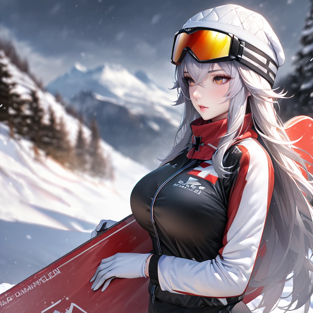 A woman wearing a Biathlon uniform, cold weather sports uniform, black cold weather jacket with yellow details, black cold weather pants, iron cross coat of arms on the uniform, wearing a red cold weather cap, wearing red snowboard goggles, large breasts, postured standing, on snowy slope, snowy place, winter weather, background with ice mountains, Azur_lane, KMS_Graf_Zepplein..UHD, masterpiece, accurate, anatomically correct, textured skin, super detail, high quality, best quality, 8k, high resolution, bokeh effect.(solo woman),white gloves, realistic, close view.
