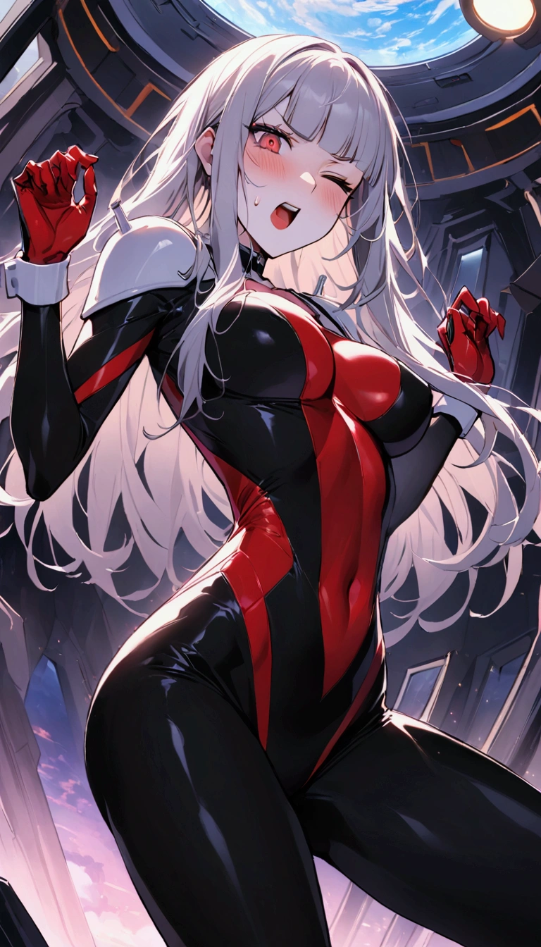 {{Grit your teeth:1.4}},{{fight:1.6}},bodysuit,,mobile trace suit, シーリング,{{red mobile trace suit:1.6}},shoulder armor,Red and black based suit.knee-high socks,{{hold down one's stomach with one's hands:1.6}},stand pain well,{{blunt bangs:1.4}},{{Grit your teeth:1.4}},one eye closed,{{}},from below,dutch angle,from side,{{masterpiece}}, {{{Highest quality}}},{{Very detailed}},{{Model-like body type:1.6}},{{}},{{critical situation:1.6}},{}},1girl,30years old,{Mature Woman}},{{}},{{Grit your teeth:1.4}},,{{v-shaped eyebrows}},Bad mood,blush,Sweat,raise one's eyebrows ,{{}}、straight hair,{long hair }},{{blunt bangs:1.4}}.abdominal pain ,{{pain}}, cockpit,Medium breast,モバイルトレースシステム、コックピット、