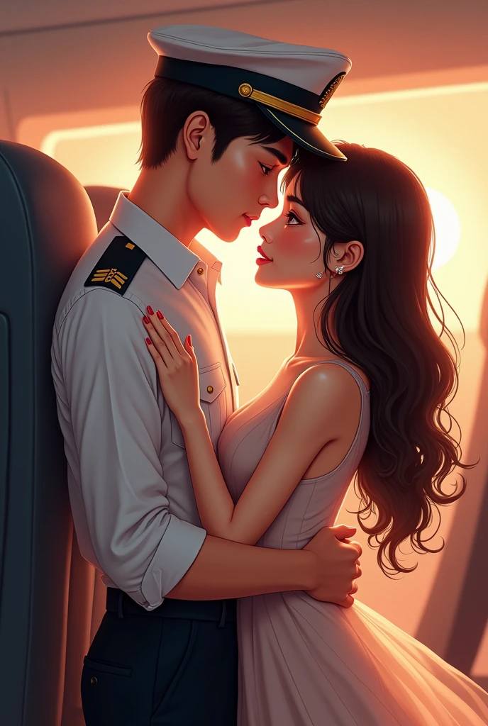 I want a cover for my book featuring a young Asian man with dark brown hair dressed as an airplane pilot and kissing a young woman.