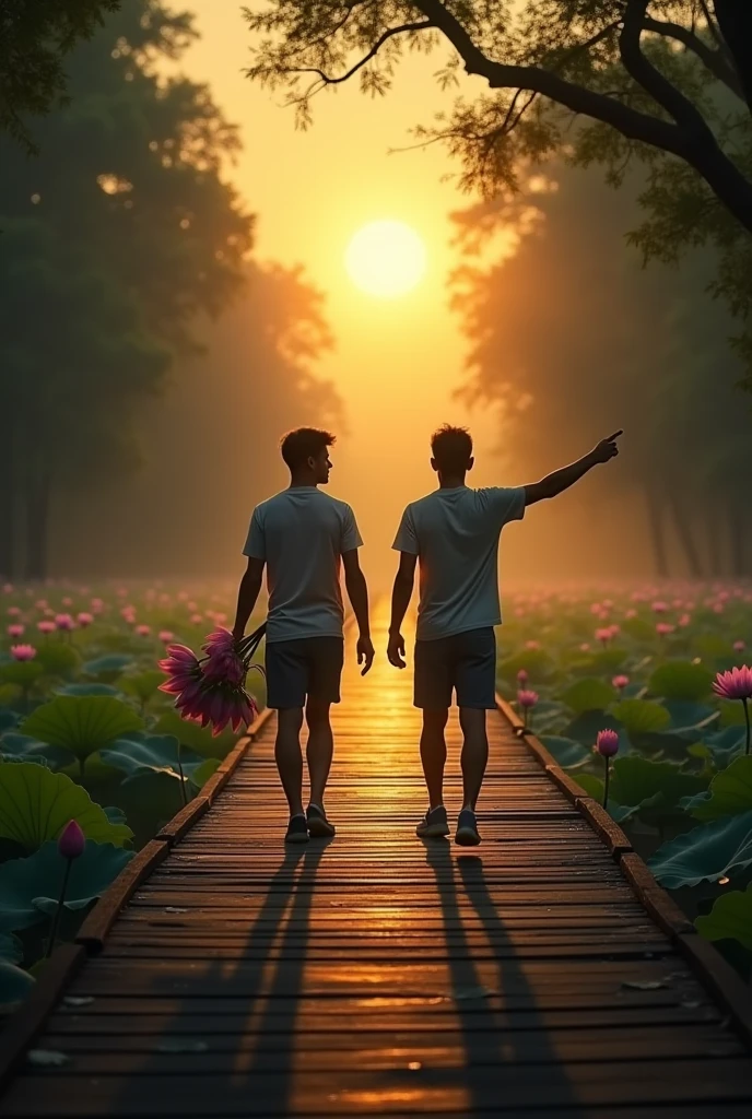 Two perfect young men walk forward on a wooden bridge across a beautiful lake with lotus blossoms, one friend holds three lotus flowers in one hand and points the other towards a big beautiful light, the other friend points to a bright yellow light in the distance, a scene of light in the distance, realistic picture, attractive pic, black background