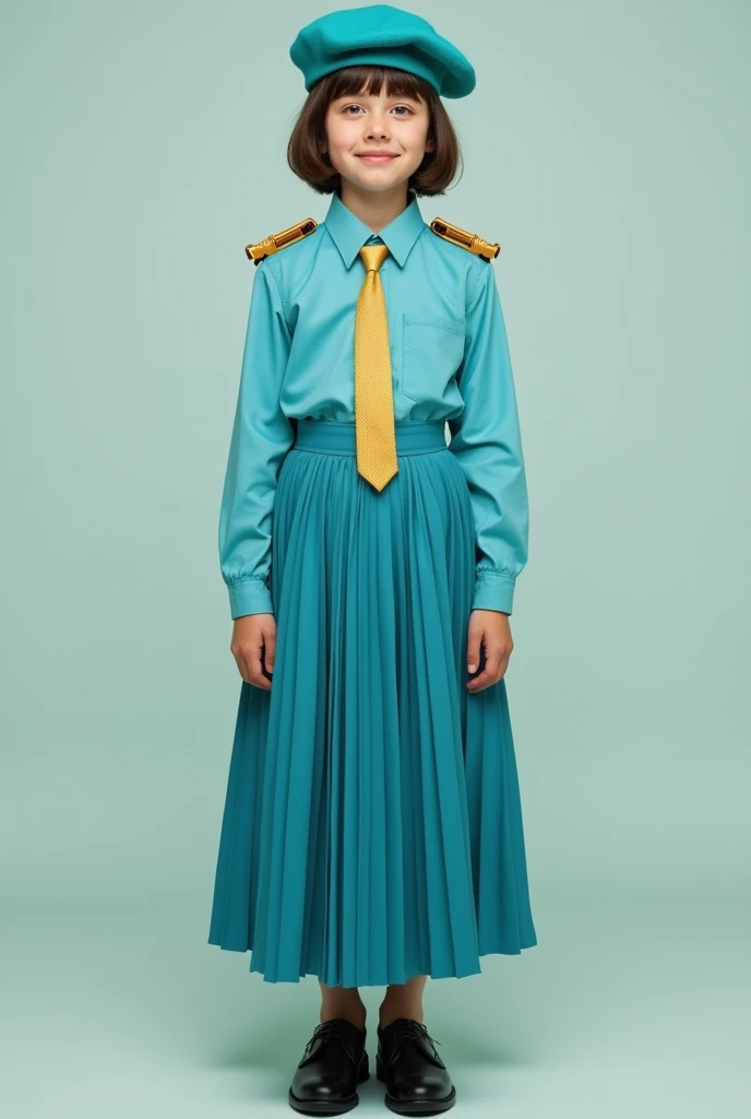 A 15-year-old girl wearing a turquoise blue long-sleeved shirt, White skirt with straight line on the side in gold, Simple golden shoulder pads, gold tie, black shoes and turquoise blue beret