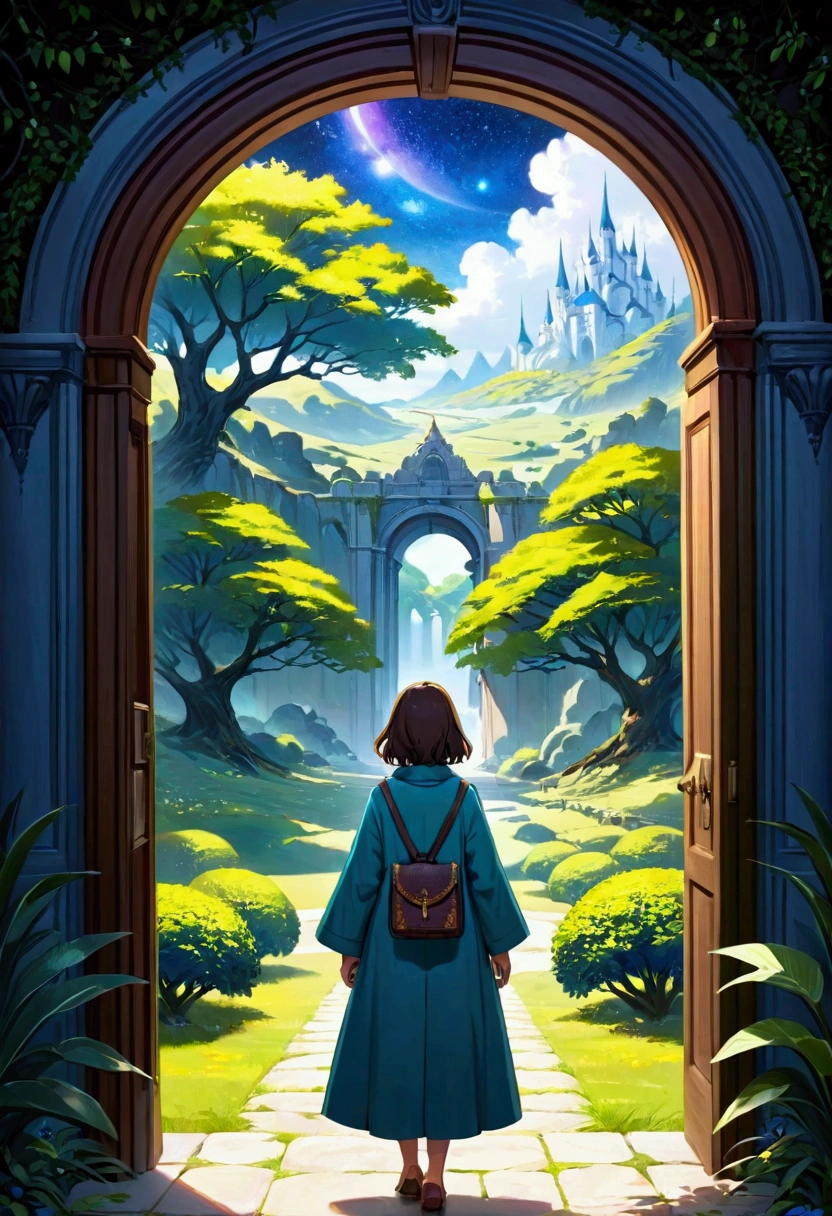 The picture shows a scene, that seems to come from a fantasy world. In the foreground in the centre of the picture there is a person, which can be seen from behind. The person is wearing a long coat and appears to be in some kind of cave entrance or a specially designed building. The person holds a bag or purse at their side, which indicates a journey or an adventure.

The entrance, through which the person looks, is round and reminiscent of a giant porthole with artistic ornaments. Through this opening you can see a mystical landscape. There you can see a large, gnarled tree with spreading branches, which comes in a fascinating colour mix of blue, Purple and green shine. The sky in the background is starry and shows a magnificent starry sky, which looks almost like a painting.

To the left of the round entrance you can see many plants and glowing balls or fruits, which also shine in magical colors. The structure on the walls and the door frame are decorated with floral and curved patterns, which give the scene a fairytale and mystical atmosphere.

On the right side of the picture there is a wooden door, which is open to the outside, also richly decorated with carvings. The door leads from a darker area, which is covered with shade and plants, into the brilliant light of the fantastic landscape in the background.

Overall, the picture conveys a feeling of departure and adventure, in a world full of magic and wonder. The colors are vibrant and contrasting, which further enhances the mood of mysticism and fantasy.