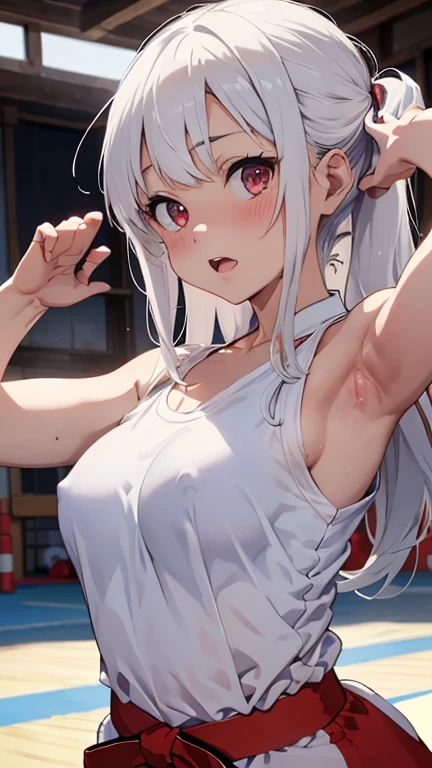 mastute piece,Best Quality,insanely detailed,8k cg,nsfw,
(shoot upper body:1.3),
(1girls:1.3),standing,looking at viewr,body in front,(arms behind back:1.4),(karate uniform:1.4,doges:1.4),karate、(bare breasts:1.3),(open doges:1.2),BREAK,
blush,shy,(ecstasy face),(trembling:1.2),BREAK,(light white hair:1.3),
BREAK,
perfect breasts,perfect teats,(open mouth:0.9),(large breasts:1.2),
(karate-dojo),karate道場、
