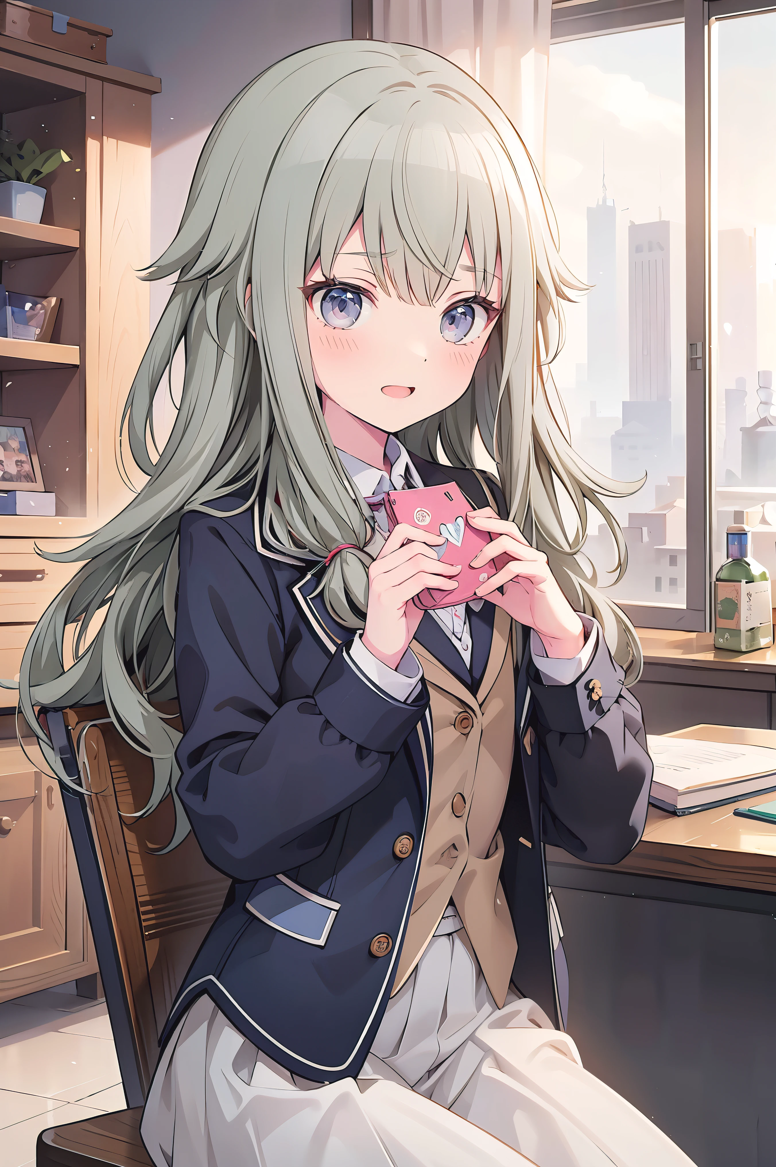 (8k, 最high quality)、Ultra-high resolution、adorable、最high quality, beautiful, (((Absurd beauty)))、masterpiece、Best image quality、(Front facing)、good feeling、smile,Face the camera、Delicate eyes、smile、Small face、girl、1 person、masterpiece, Most detailed、school uniform、blazer、high quality、♡、heart、Shiny Hair、Very fine and beautiful bright eyes、Medium chest、nose blush、Very detailed, clear and beautiful face, Awards, (Anatomically correct)