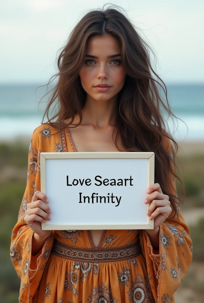 Beautiful girl with wavy long hair, bohemian dress, holding a white board with text "I Love Seaart Infinity" and showing it to the viewer