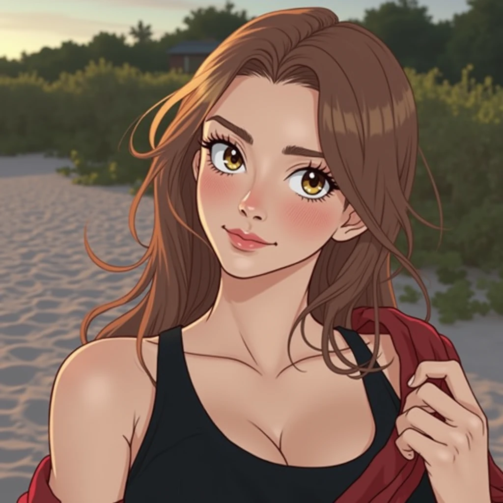 Instagram model, realistic, depth length, greek brunette with brown eyes, having fun, sunset, beach