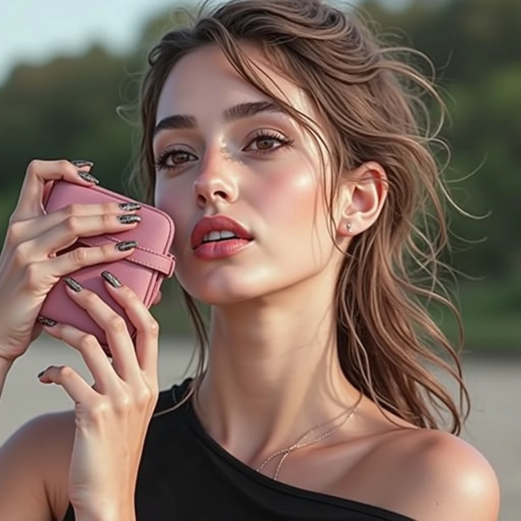 Instagram model, realistic, depth length, greek brunette with brown eyes, having fun, sunset, beach