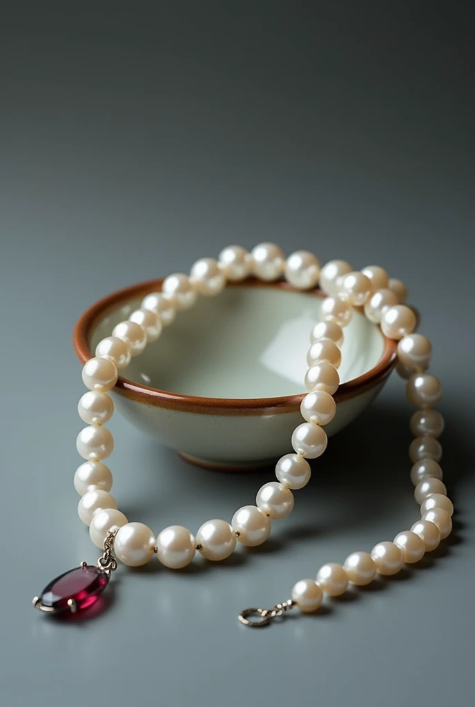 June Birthstone、10 carat pearl necklace、It is placed on top of an Arita ware Kakiemon pottery.、The background is gray, Surrealism, Verism, Fujicolor, cinematic lighting, UHD, accurate, super detail, masterpiece, high details, super detail, high quality, best quality, highres