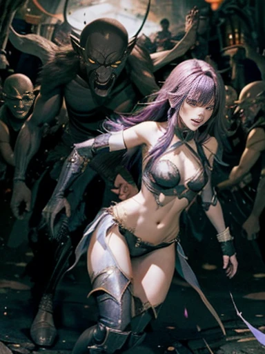 Highest quality、rape、Captured by mutants、Surrounded by mutants、defeat、Beautiful woman with very long purple hair、White Armor(Mid-chest、Off the shoulder、Sleeveless、No elbow pads、belly button、High Leg、Exposed thighs)、White Armorのブーツ、Wounded limbs that flow、Tears overflow、Frightened expression、On the Run 1:5、Attacked by mutants 1:5、Many violent mutants 1:5、The mutant grabs him by the arm.. Mutant attacks from behind、Mutant grabs leg、Mutant Swarm 1:5、darkness、Different world、Dark fantasy、Pitch Black Hell