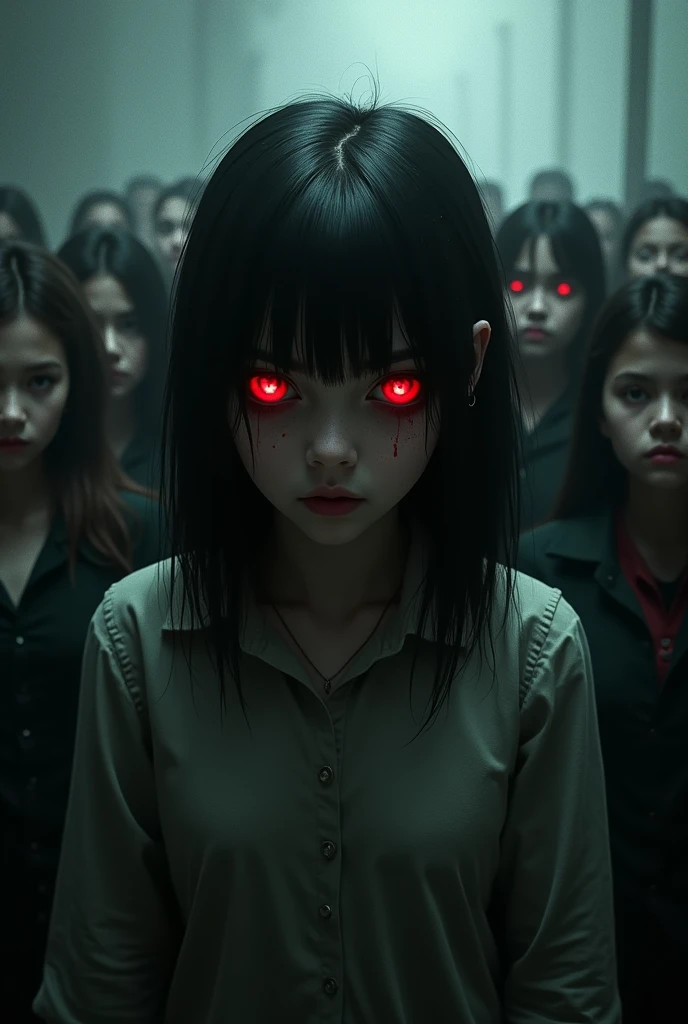 Normal Peoples are standing behind a Scary girl with red bloody eyes