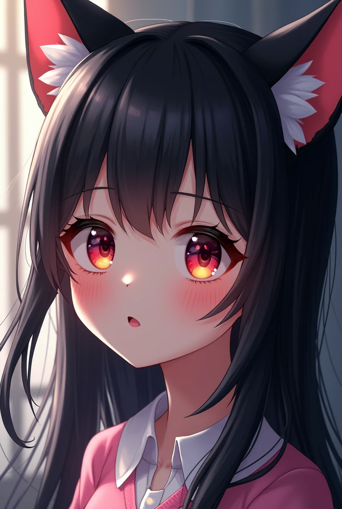 black hair, hair bobbles, wince, longeyelashes, solid circle eyes, fake animal ears, light smile, ear blush, fang, ccurate, Surrealism, drop shadow, anaglyph, stereogram, tachi-e, pov, atmospheric perspective, 8k, super detail, best quality