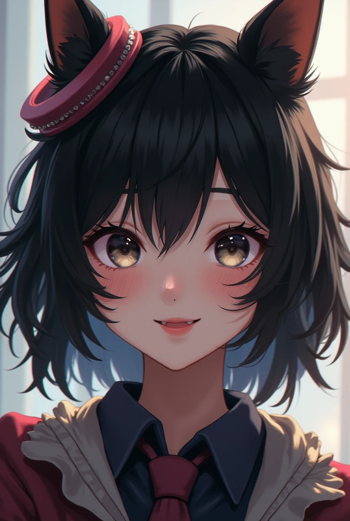 black hair, hair bobbles, wince, longeyelashes, solid circle eyes, fake animal ears, light smile, ear blush, fang, ccurate, Surrealism, drop shadow, anaglyph, stereogram, tachi-e, pov, atmospheric perspective, 8k, super detail, best quality