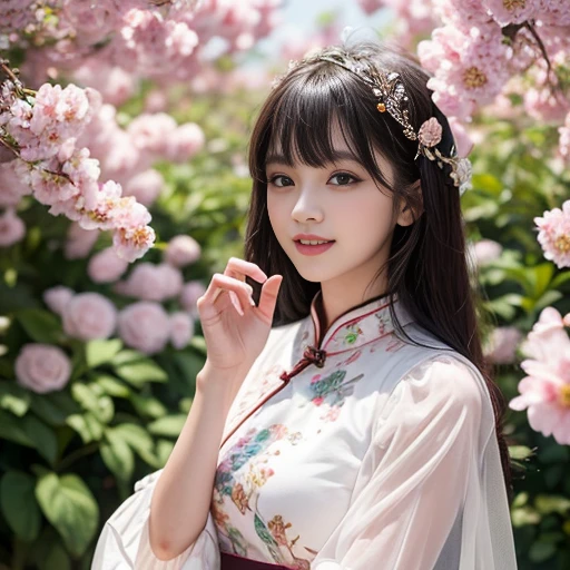 best quality, Delicate face，beautiful visual work, lifelike,  eternity, black hair, Long curly hair, blunt bangs, Smile, In the flower garden, flower, Detailed Background,  Delicate face，pink blush，cold，((masterpiece))、(top quality)、8k、high detail、Super detailed，21 years old female，Wearing Chinese cheongsam、Seductive and whimsical style、masterpiece、born、Scenes resembling fairy tale illustrations、Intricate details and complex designs、Beautifully、magic、capricious、 Beautifully、Dream aesthetics、「𝓡𝓸𝓶𝓪𝓷𝓽𝓲𝓬、ethereal、charming、fickle、magic」、Realism、Visual effects、FXAA、SSAO、Shaders、voiceless、ambient lighting、Tone mapping、High resolution、Ultra high quality、Million pixels、(8K resolution:1.10)、8k、Below 8K、8K resolution、high detail、intricate details， (high quality:1.2、masterpiece:1.2、:1.21)、(21 years old female:1.21)、(Smile excitedly)、(Surrounded by the dreamy atmosphere、Model diagram，full-body shot，Normal 2 feet，Don't show your fingers