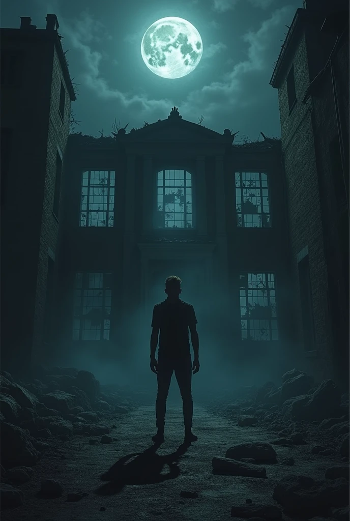 Man in abandoned house at night