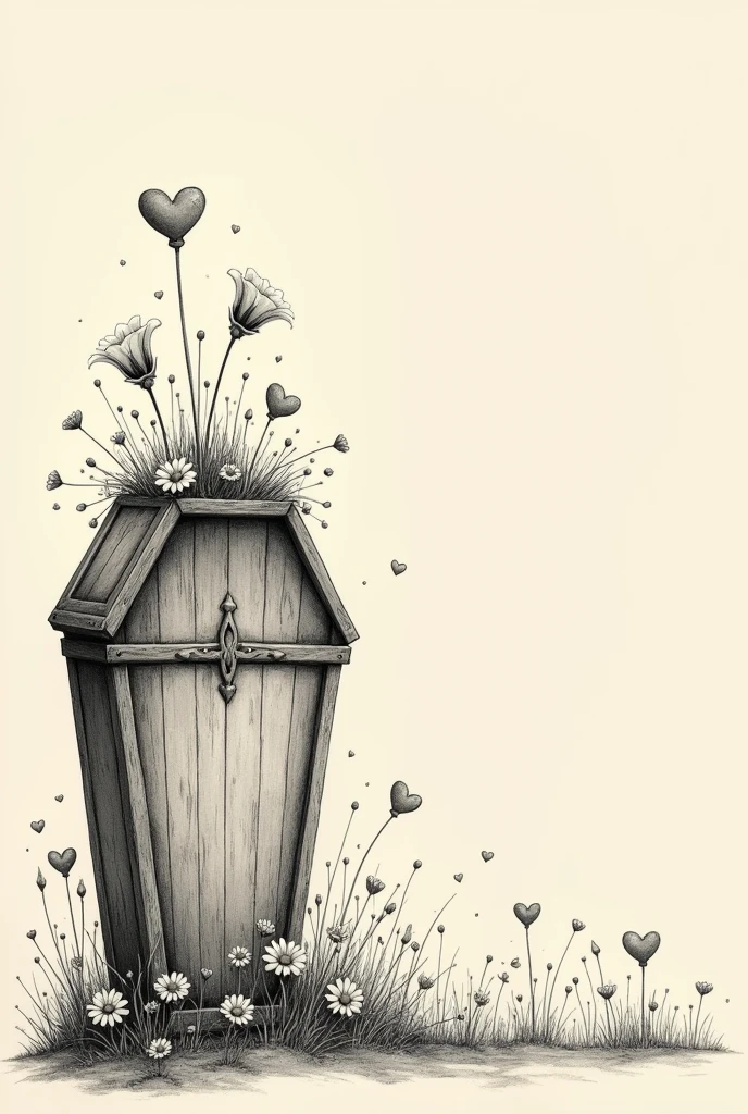 A drawing of a coffin on the left side with flowers and little hearts on top on a plain Tim Burton style background to one side of the image