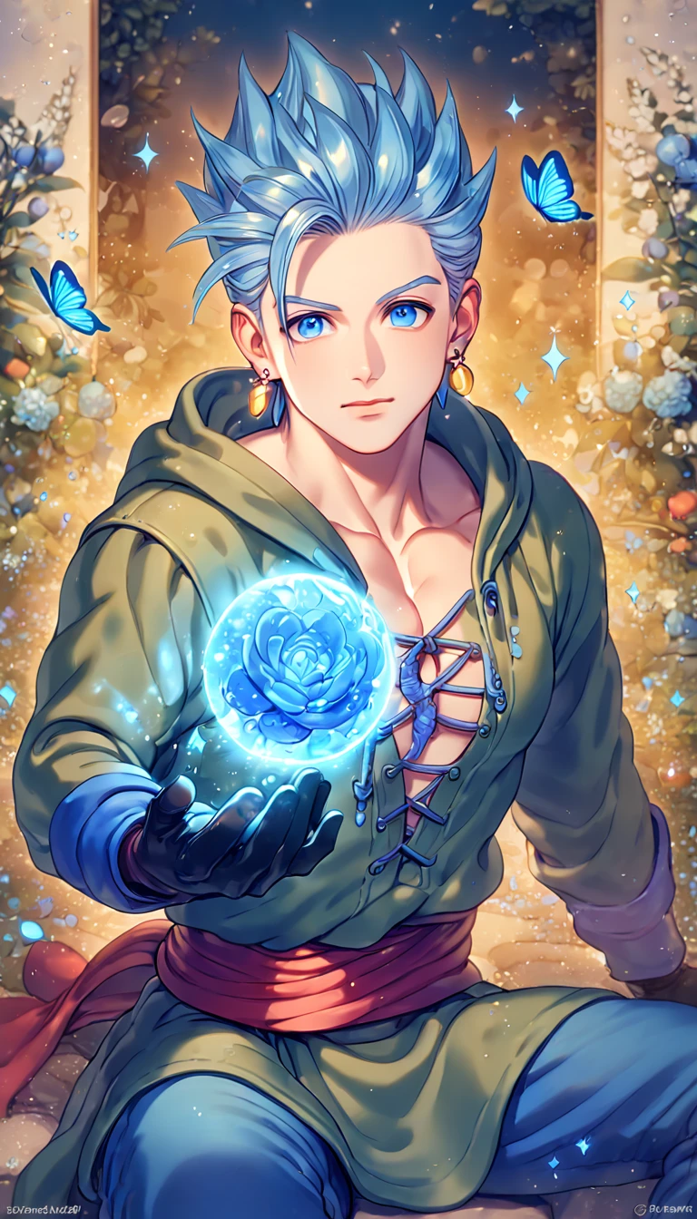 absurdres, highres, ultra detailed, HDR, master piece, best quality, extremely detailed, Erik, light-blue hair, hair slicked up, spiked hair, expressive blue eyes, Dragon Quest XI, solo, sexy man sitting, handsome, sensual, manly man, hooded dark green tunic with lacing that exposes his chest, a red sash tied around his waist, golden earring, black gloves, blue pants, fantasy, magic, sparkling, water, blue moon, blue flowers, blue butterflies, blue petals, garden