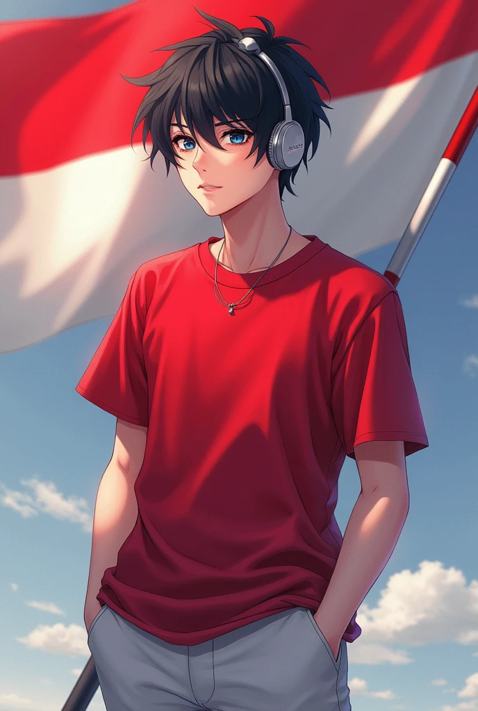 best quality, tmasterpiece, Ultra-high resolution, Clear face, (Reality: 1.4), perfect lighting,(photorealistic: 1.50), anime wallpaper, Guviz style artwork , fantasy cover up to magic , by Yang J, Guviz, beautiful artwork illustration, beautiful digital artwork, beautiful digital illustration, Li Song, beautiful anime portrait, art style at Beauvot,illustration, ethereal and beautiful, highly detailed, CG, unity, 8k wallpaper, Amazing, fine detail, masterpiece, best quality, official art, highly detailed CG unity 8k wallpaper,absurd, extremely absurd, large file size, highly detailed , high resolution, very detailed,beautiful girl with details, very detailed eyes and face, beautiful detailed eyes,light on the face,cinematic lighting, (1boy:1.3), Man, (black hair:1.3), short hair, Bangs, Headphone, blue eyes, (Red T-shirt), (White pants), standing, full body, (looking at viwer:1.3), smile, Holding the Indonesian flag, Red and white flag, Right hand holding the flag,