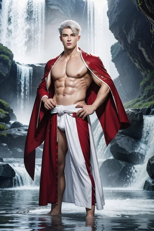 White haired Sesshomaru, fair skinned, Fractal, serene, Full Body Shoot, nether body in a detailed red robe, look at camera, detailed facial parts, Manly, waterfall background, Freestyle Pose, Happy Expression, perfect anatomy, symmetric body, asian, 18 years old, shirtless :: high detail, a lean athletic body, realistic, human skin, extremely detailed fingers, handsome chad chin, shirtless, handsome, masculine, human skin, (eyes contact), Handsome, very Attractive. 