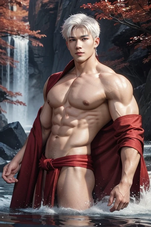 White haired Sesshomaru, fair skinned, Fractal, serene, Full Body Shoot, nether body in a detailed red robe, look at camera, detailed facial parts, Manly, waterfall background, Freestyle Pose, Happy Expression, perfect anatomy, symmetric body, asian, 18 years old, shirtless :: high detail, a lean athletic body, realistic, human skin, extremely detailed fingers, handsome chad chin, shirtless, handsome, masculine, human skin, (eyes contact), Handsome, very Attractive. 