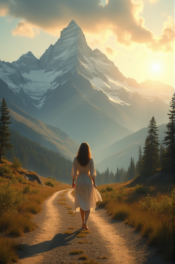 Woman walking on a dark dirt road, barefoot, going towards the sun and the mountains