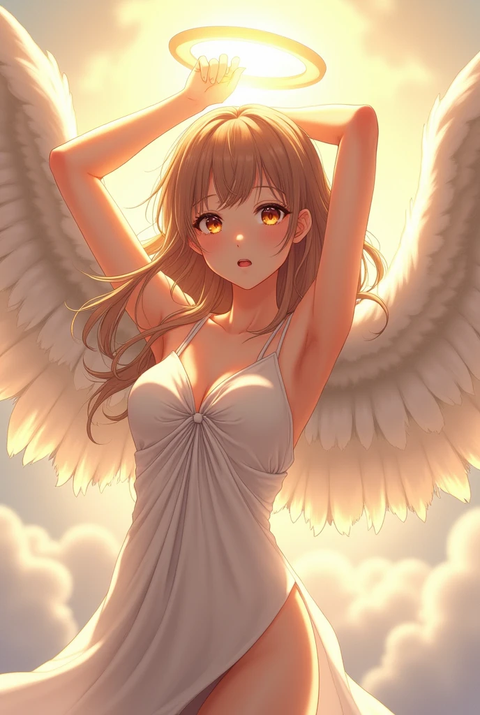 hair, cum, hetero, pussy, vaginal, sweat, sex, 1boy, penis, , (((masterpiece))), (((best quality))), ((ultra-detailed)), (illustration), (detailed light),((an extremely delicate and beautiful)),(beautiful detailed eyes), (sunlight),(angel),solo,young girls,dynamic angle,floating, bare_shoulders,looking_at_viewer , arms_up,halo,Floating white silk,(Holy Light),