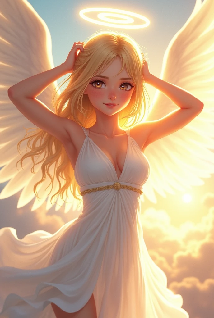 hair, ???, hetero, ?????, ???????, sweat, ???, 1boy, ?????, , (((masterpiece))), (((best quality))), ((ultra-detailed)), (illustration), (detailed light),((an extremely delicate and beautiful)),(beautiful detailed eyes), (sunlight),(angel),solo,young girls,dynamic angle,floating, ????_shoulders,looking_at_viewer , arms_up,halo,Floating white silk,(Holy Light),