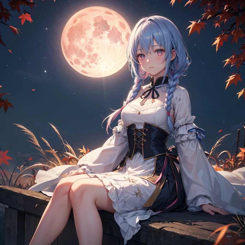 (Braiding),(Sky blue medium hair), (Pink eyes),(Fair skin) ,(whole body),(One Girl),(harvest moon),(A large amount of Miscanthus sinensis in the background),autumn,(full moon),(masterpiece, Highest quality, Very detailed, Best Shadow), (Detailed Background), (Beautifully detailed face), High Contrast, (Best lighting, Very delicate and beautiful), ((Cinematic Light)), Hyper Detail,8k, Dramatic Light, Intricate details,Maple