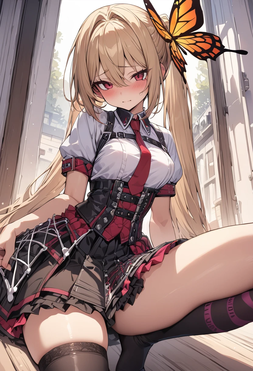 (masterpiece, extremely detailed, best quality, ultra-detailed, illustration1.2), girl. shy, faint smile, blonde hair, short hair, (two very long ponytails),, red eyes, hair between eyes, bangs, just one butterfly ornament, medium breasts, white shirt, punkish, punkish skirt, knee socks, thighs, red necktie, looking at viewer, cute pose, on a date