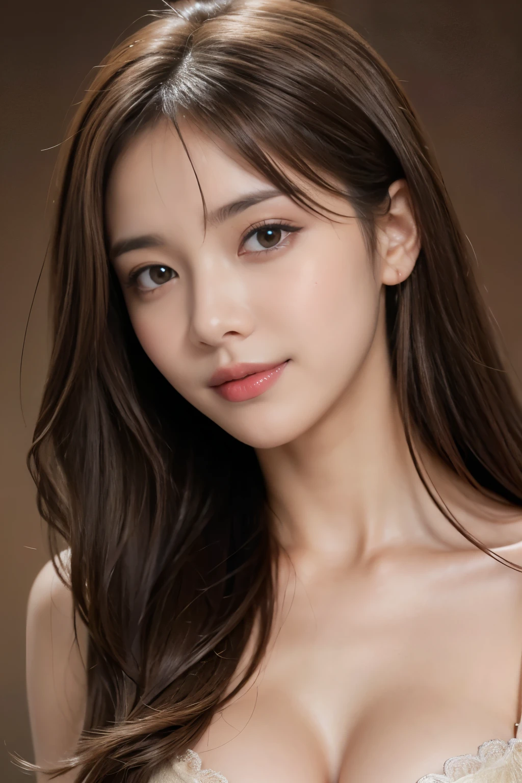 Best quality, realistically, ultra - detailed, Detailed pubic hair, A high resolution, solid color backdrop,8k wallpaper, 1 Beautiful woman, light brown messy hair, lock focus, Perfect dynamic composition, beautiful eyes, Delicate hair, Detailed realistically skin texture, Smiling, closeup portrait, Model body type, Random body orientation,