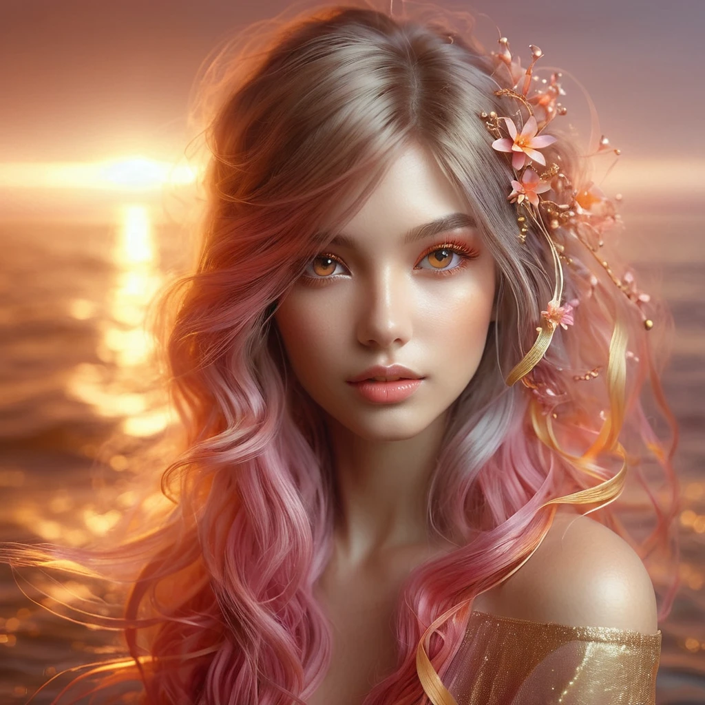 A young woman with hair in a pink and orange gradient, remembering the sky at dawn. Her hair is adorned with tiny coral flowers and ribbons of golden seaweed.. Your eyes are a soft gold, with a warm, welcoming glow. Sua pele tem um tom dourado, reflecting the soft light of the rising sun on the sea. Ao fundo, there is a mixture of orange tones, pink and gold, evoking the beginning of a new day in the depths of the ocean. 8 k quality, radiant and welcoming style.