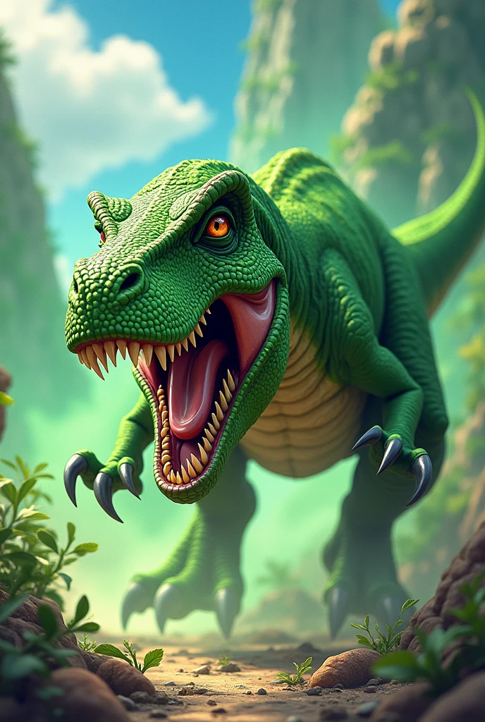 A green t-rex launches green scratch attack ((anime version)) ((realisitic)) small t-rex, and a half Cartoon