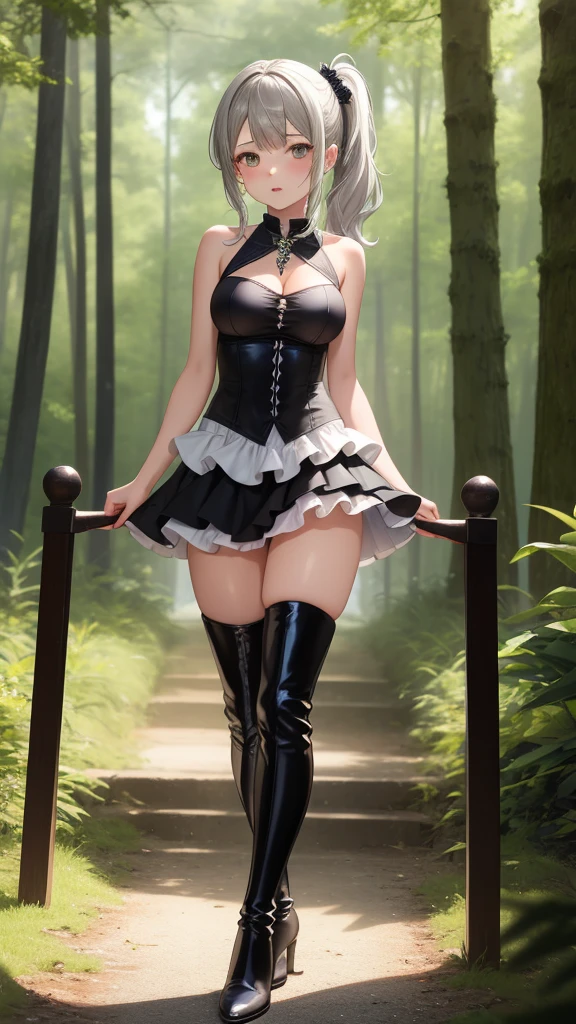 masterpiece, best quality, highly detailed, ultra high res, ayase arisa, 1girl, solo, hair ornament, short ash grey hair, side ponytail, glossy lips, sleeveless halter-top witch dress, witch dress, medium breasts, standing, thigh boots, forest, puffy skirt, layered skirt, tiered skirt