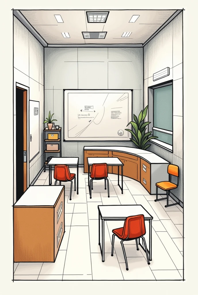 A drawing of a classroom that is abstract, made with pure figures