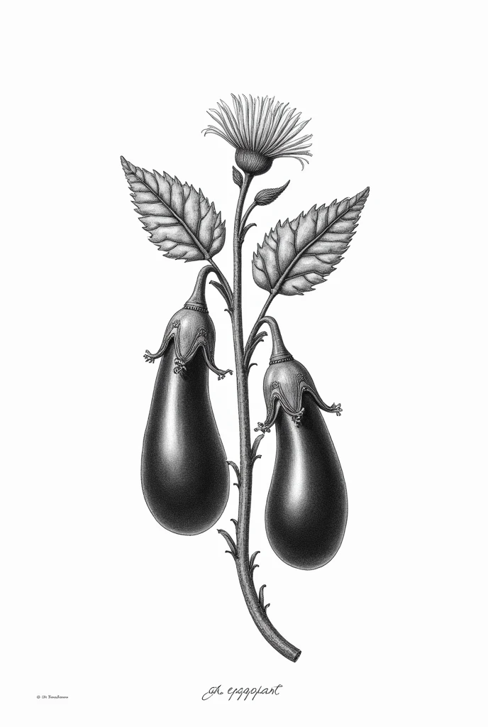 "A detailed, black and white botanical illustration of an eggplant plant. The image should depict the plant with large leaves, a flower, and two eggplants growing from the stem. The style should be similar to a vintage or old-fashioned botanical illustration, focusing on the fine line work and shading to capture the natural details of the plant."