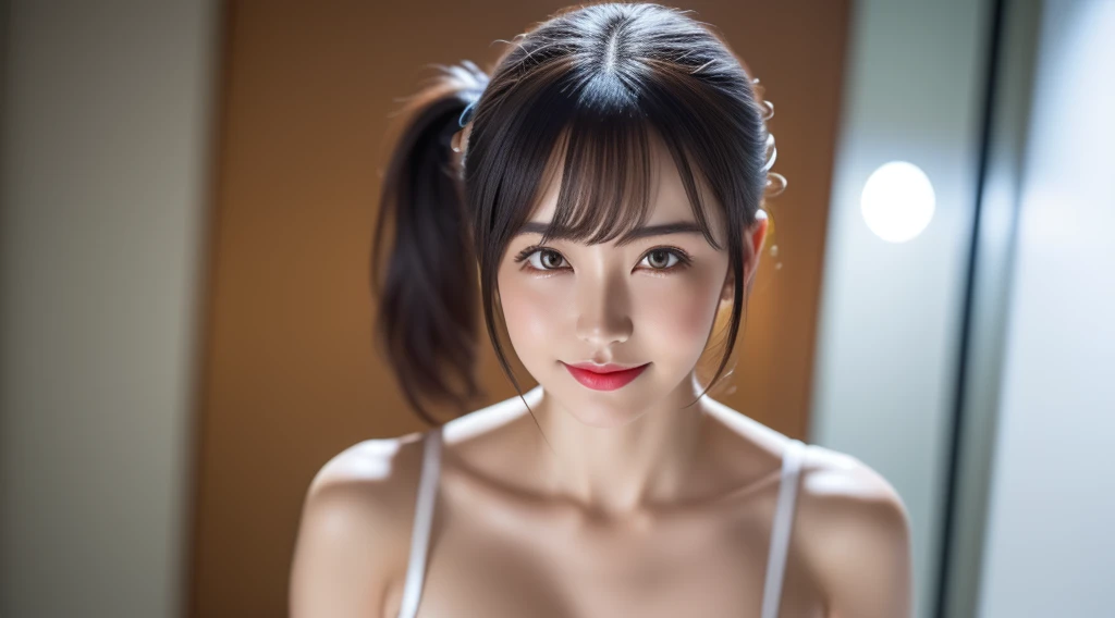 (((1Bobble Ponytailガール:1.3, alone))), Very cute and beautiful Japanese women, (Sexy Model), Professional attire, (22 years old: 1.1), (From below:1.3), (Low - Angle:1.3), (Ground level shot:1.3), ((Top girl:1.5)), (腕を背middleの後ろ、Between the legs:1.3), (Attractive random poses:1.3), (in the glass-sided shower room:1.3), break, (Bobble Ponytail:1.3), (Shiny black fine hair:1.2), bangs, Dark brown eyes, Beautiful Eyes, Princess Eyes, bangs, Hair between the eyes, short hair:1.3, curve, Abdominal muscles, perfect Abdominal muscles, (middle〜Big breasts:1.5, Saggy breasts:1.5, Disproportionate breasts:1.5), (Narrow waist: 1.15, Abdominal muscles:0.95), (Detailed beautiful girl: 1.4), Lips parted, Red lips, Full makeup face, (Glowing Skin), ((Perfect female body)), (Upper body image:1.3), Perfect Anatomy, Perfect Proportions, (The most beautiful face of Korean actresses:1.3, The face of a very cute and beautiful Japanese actress:1.3, A charming, light smile, Happy, break, (Bare shoulders, Chest to chest, Show Viewer, (Very sophisticated、Elegant high-neck satin skin-tight dress:1.3), Detailed clothing, break, (simple shower room background:1.2, shower, Soap Bottle), (Dark Background), (Studio Soft Lighting: 1.3), (Fake lights: 1.3), (Backlight: 1.3), break, (Realistic, Realistic: 1.37), (masterpiece, Highest quality: 1.2), (Ultra-high resolution: 1.2), (RAW Photos: 1.2), (Sharp focus: 1.3), (Face Focus: 1.2), (Ultra High Definition CG Integrated 8K Wallpaper: 1.2), (Beautiful Skin: 1.2), (Pale skin: 1.3), (Hyper Sharp focus: 1.5), (Ultra Sharp focus: 1.5), (Beautiful pretty face: 1.3), (Highly detailed background, Detailed Background: 1.3), Ultra Realistic Photo, Ultra-sharp images, Hyper-detail image,