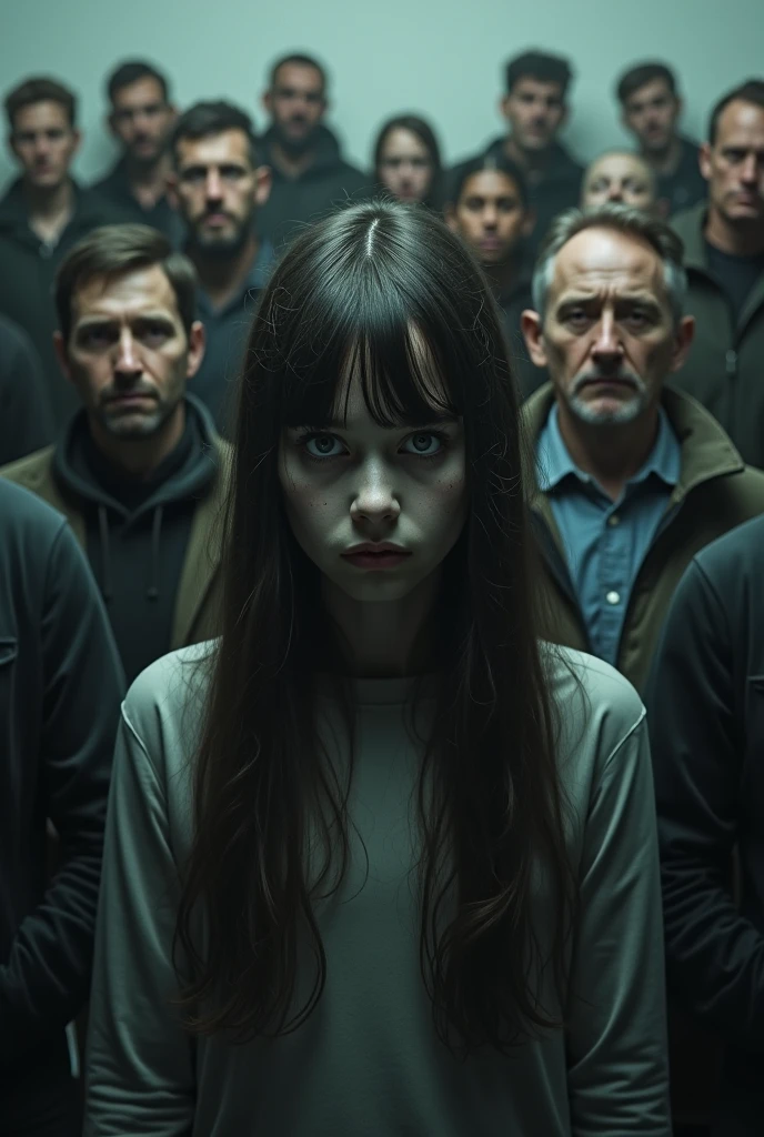 Normal Peoples are standing behind a Scary girl
