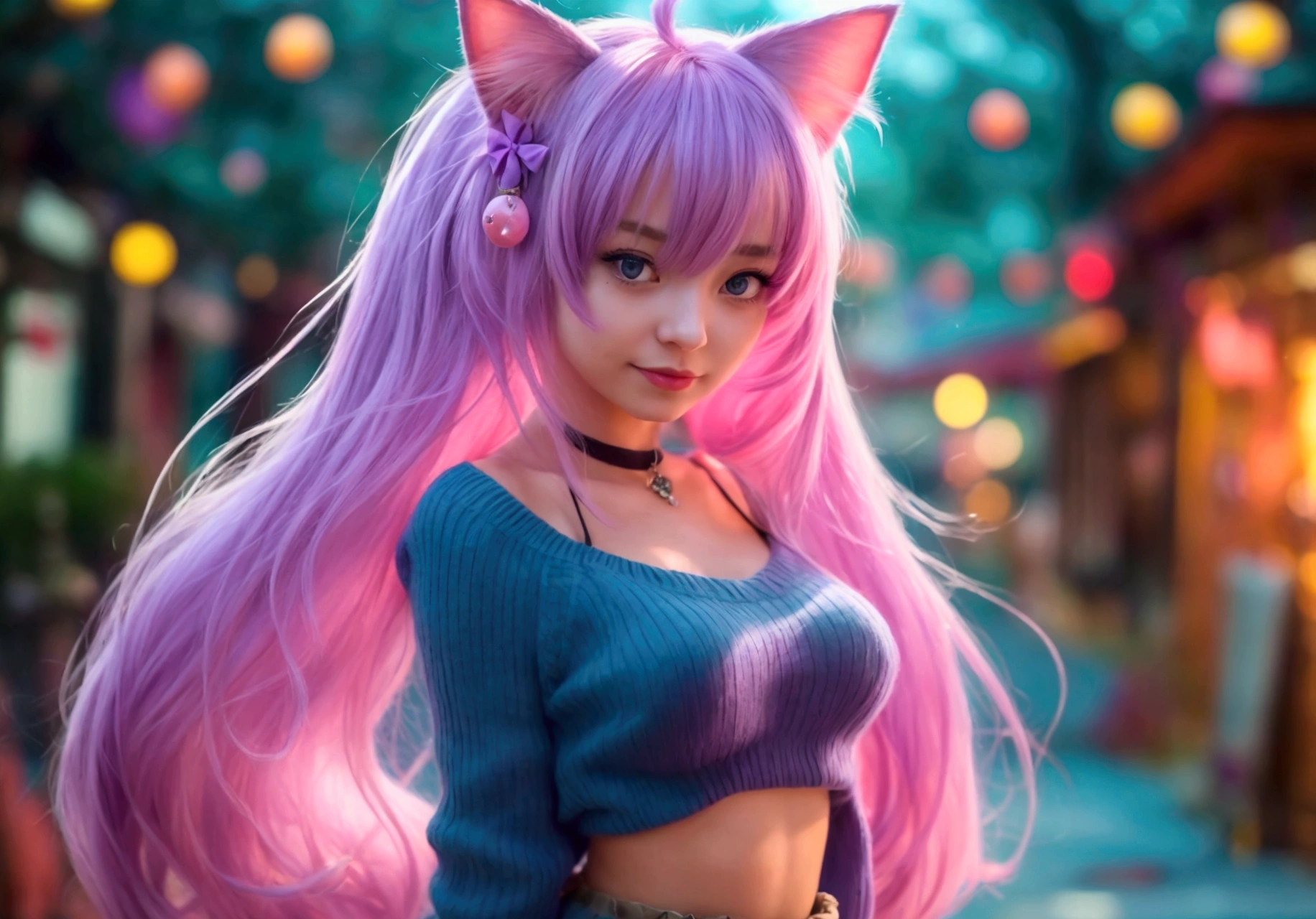 work of art, best qualityer, 1 girl, ((looking ahead at viewer)), lilac hair, purples eyes, long hair,  Ahoge, sweater, sweater skirt, pantyhose, 163cm, hair between the eyes, breasts big, grown-up, 33 years old, mellow, cups, standing alone, single, ssmile, Cat's ears, cat tail, tusk, catgirl, animal ears, delicious, new semester