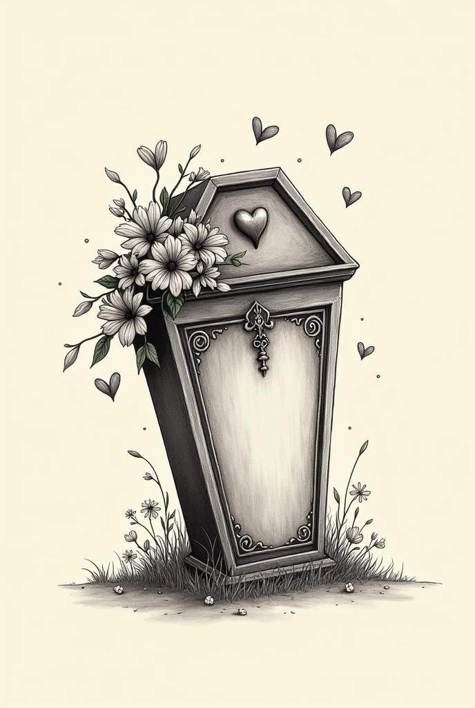 A drawing of a coffin on the left side with flowers and little hearts on top on a plain Tim Burton style background to one side of the image