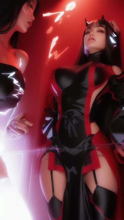 Conjoined naked rachnera with three heads six arms four big fake boobs and six arms and red eyes